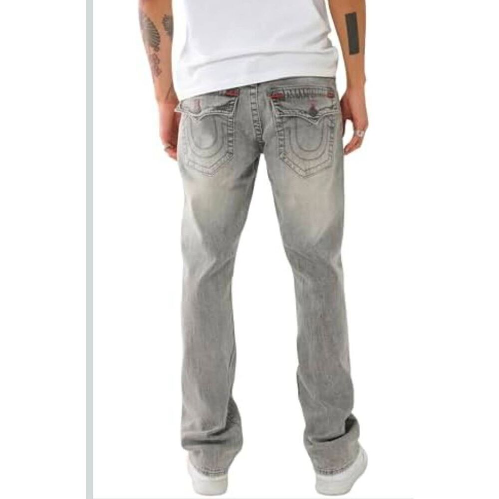 True Religion Ricky Relaxed Straight Jeans Gray Wash T Flap Pocket Size 42